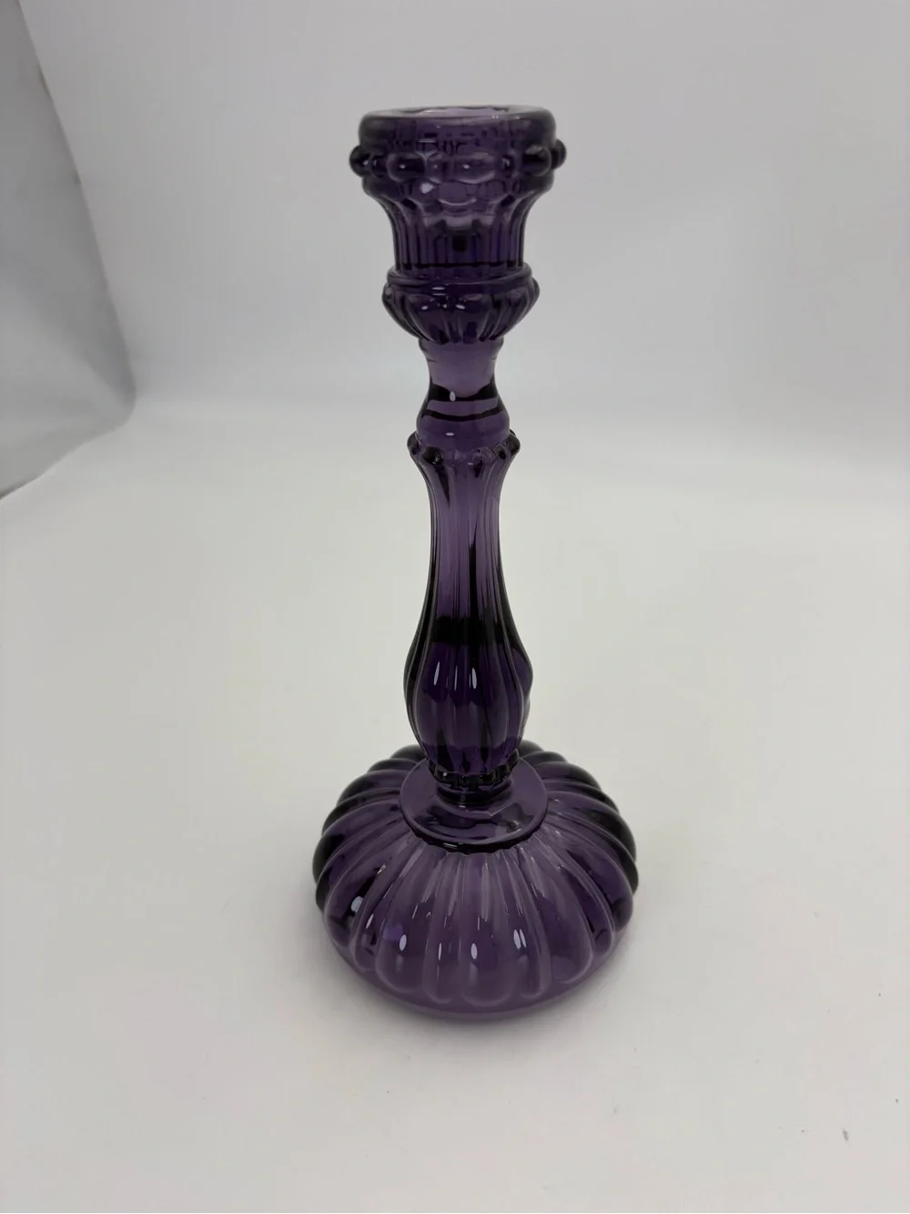 Gorgeous Amethyst Vintage-Style Ornate Glass Candlestick - 9.5” tall
